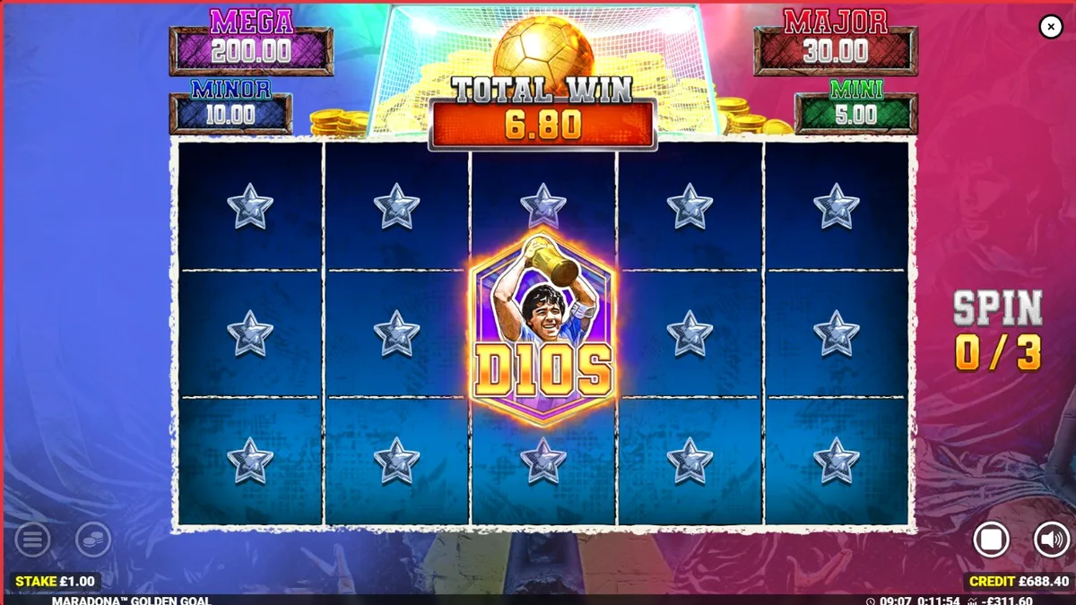 Maradona Golden Goal slot machine theme featuring football legend imagery