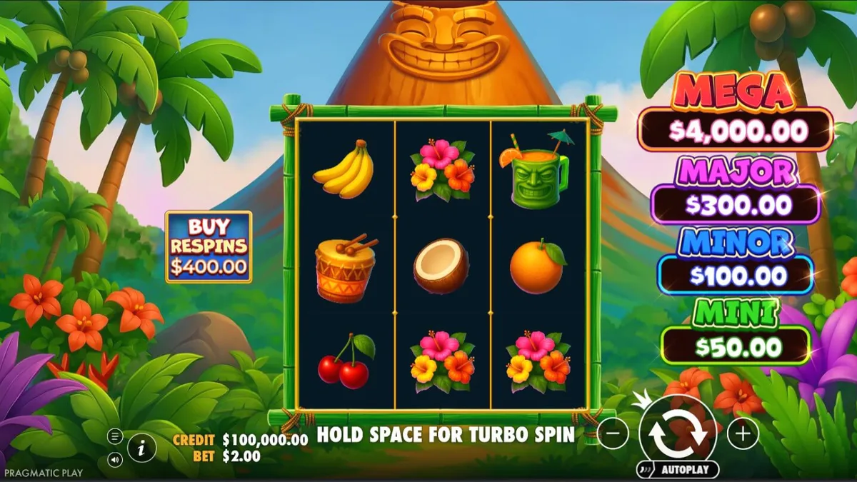 Interface vibrante do slot Super Tiki Strike com tema de ilha tropical e vulcão